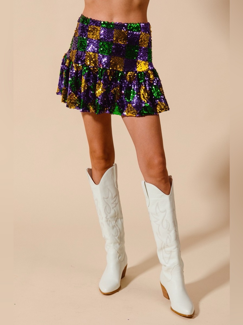 SO ME Mardi Gras Checker Sequins Mini Skirt
